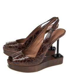 Alaia Brown Crocodile Leather Wooden Platform Slingback Sandals Size 39