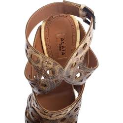 Pre Owned Alaia Brown/Cream Karung Cut Out Ankle Strap Platform Sandals Size 38