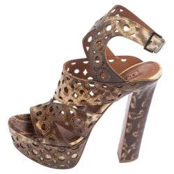 Pre Owned Alaia Brown/Cream Karung Cut Out Ankle Strap Platform Sandals Size 38