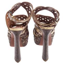 Pre Owned Alaia Brown/Cream Karung Cut Out Ankle Strap Platform Sandals Size 38