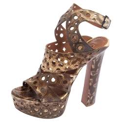 Pre Owned Alaia Brown/Cream Karung Cut Out Ankle Strap Platform Sandals Size 38