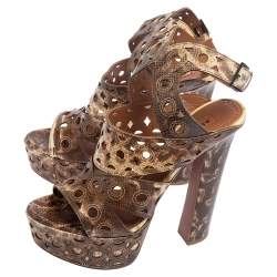 Pre Owned Alaia Brown/Cream Karung Cut Out Ankle Strap Platform Sandals Size 38
