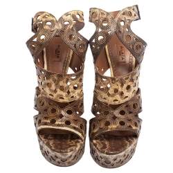 Pre Owned Alaia Brown/Cream Karung Cut Out Ankle Strap Platform Sandals Size 38