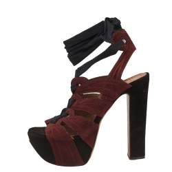 Pre Owned Alaia Burgundy/Black Suede Lace Up Platform Sandals Size 37.5