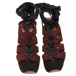 Pre Owned Alaia Burgundy/Black Suede Lace Up Platform Sandals Size 37.5
