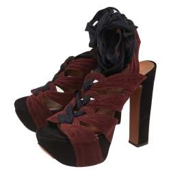 Pre Owned Alaia Burgundy/Black Suede Lace Up Platform Sandals Size 37.5