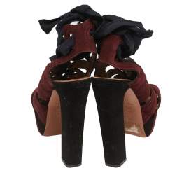 Pre Owned Alaia Burgundy/Black Suede Lace Up Platform Sandals Size 37.5