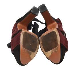 Pre Owned Alaia Burgundy/Black Suede Lace Up Platform Sandals Size 37.5
