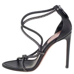 Pre Owned Alaia Black Leather Studded Cross Strappy Sandals Size 38