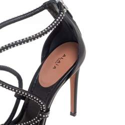 Pre Owned Alaia Black Leather Studded Cross Strappy Sandals Size 38