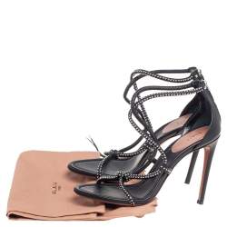 Pre Owned Alaia Black Leather Studded Cross Strappy Sandals Size 38