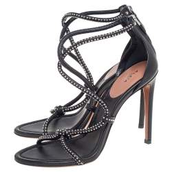 Pre Owned Alaia Black Leather Studded Cross Strappy Sandals Size 38