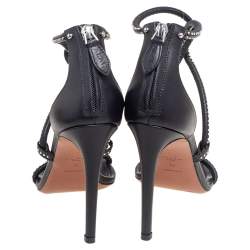 Pre Owned Alaia Black Leather Studded Cross Strappy Sandals Size 38