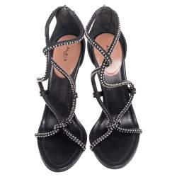 Pre Owned Alaia Black Leather Studded Cross Strappy Sandals Size 38