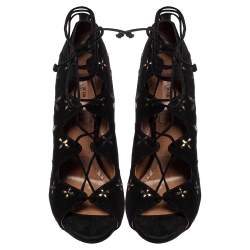 Pre Owned Alaia Black Suede Cut Out Lace Up  Ankle Wrap  Sandals Size 39