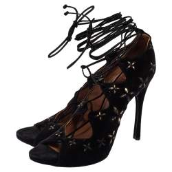 Pre Owned Alaia Black Suede Cut Out Lace Up  Ankle Wrap  Sandals Size 39