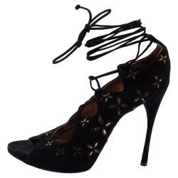 Pre Owned Alaia Black Suede Cut Out Lace Up  Ankle Wrap  Sandals Size 39