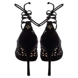 Pre Owned Alaia Black Suede Cut Out Lace Up  Ankle Wrap  Sandals Size 39