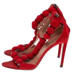 Pre Owned Alaia Red Suede Studded 'Bombe' T-Strap Ankle Cuff Sandals Size 38