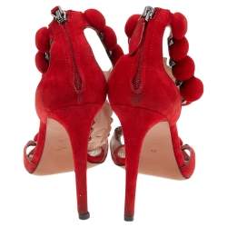 Pre Owned Alaia Red Suede Studded 'Bombe' T-Strap Ankle Cuff Sandals Size 38