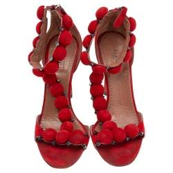 Pre Owned Alaia Red Suede Studded 'Bombe' T-Strap Ankle Cuff Sandals Size 38