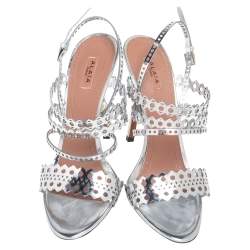 Pre Owned Alaia Silver Cutout Mirror Leather Sandals Size 38