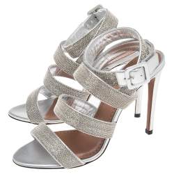 Pre Owned Alaia Silver Leather Beads Embellished Strappy Sandals Size 38