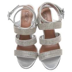 Pre Owned Alaia Silver Leather Beads Embellished Strappy Sandals Size 38
