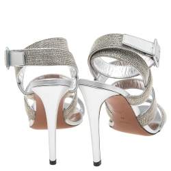 Pre Owned Alaia Silver Leather Beads Embellished Strappy Sandals Size 38