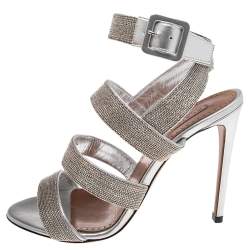 Pre Owned Alaia Silver Leather Beads Embellished Strappy Sandals Size 38