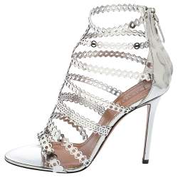 Pre Owned Alaia Silver Cutout Mirror Leather Caged Sandals Size 38.5