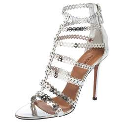 Pre Owned Alaia Silver Cutout Mirror Leather Caged Sandals Size 38.5