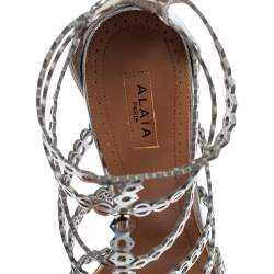 Pre Owned Alaia Silver Cutout Mirror Leather Caged Sandals Size 38.5