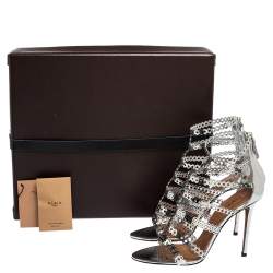 Pre Owned Alaia Silver Cutout Mirror Leather Caged Sandals Size 38.5