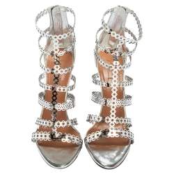 Pre Owned Alaia Silver Cutout Mirror Leather Caged Sandals Size 38.5