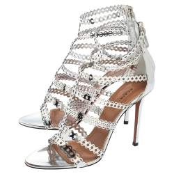 Pre Owned Alaia Silver Cutout Mirror Leather Caged Sandals Size 38.5