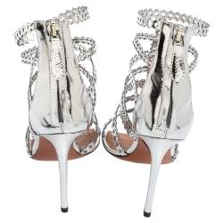 Pre Owned Alaia Silver Cutout Mirror Leather Caged Sandals Size 38.5