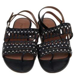 Pre Owned Alaia Black Leather Studded Accents Ankle Strap Flat Sandals Size 37