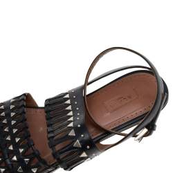 Pre Owned Alaia Black Leather Studded Accents Ankle Strap Flat Sandals Size 37