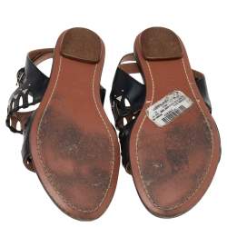 Pre Owned Alaia Black Leather Studded Accents Ankle Strap Flat Sandals Size 37