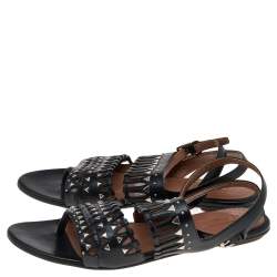 Pre Owned Alaia Black Leather Studded Accents Ankle Strap Flat Sandals Size 37