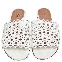 Pre Owned Alaia White Laser Cut Leather Slide Sandals Size 39