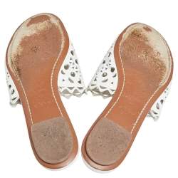 Pre Owned Alaia White Laser Cut Leather Slide Sandals Size 39