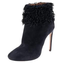 Pre Owned Alaia Navy Blue Suede Ruffled Ankle Boots Size 39.5