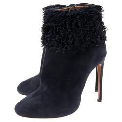 Pre Owned Alaia Navy Blue Suede Ruffled Ankle Boots Size 39.5