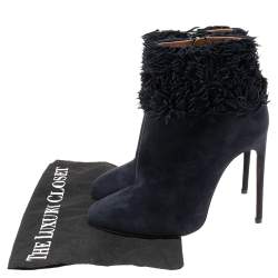 Pre Owned Alaia Navy Blue Suede Ruffled Ankle Boots Size 39.5
