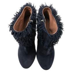 Pre Owned Alaia Navy Blue Suede Ruffled Ankle Boots Size 39.5