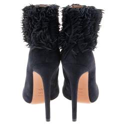 Pre Owned Alaia Navy Blue Suede Ruffled Ankle Boots Size 39.5