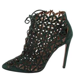 Pre Owned Alaia Green Laser Cut Suede Ankle Boots Size 39