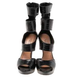 Pre Owned Alaia Black Lizard Embossed Leather Open Toe Platform Gladiator Sandals Size 37.5